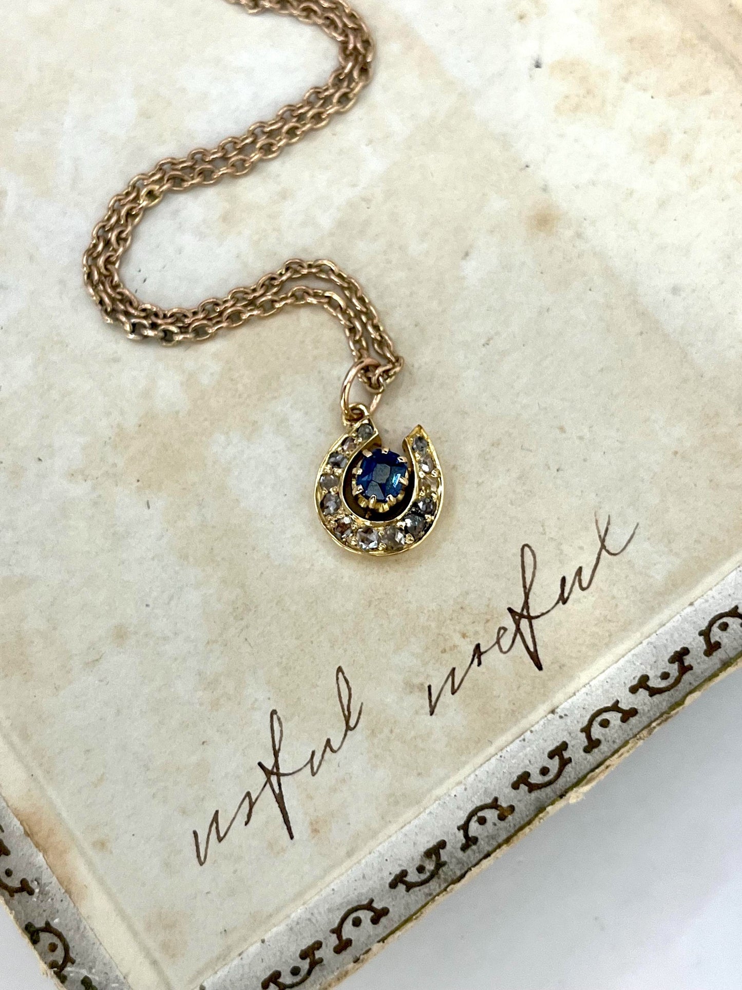 Antique 9 ct Gold Victorian, Sapphire And Diamond Horseshoe Pendant Necklace