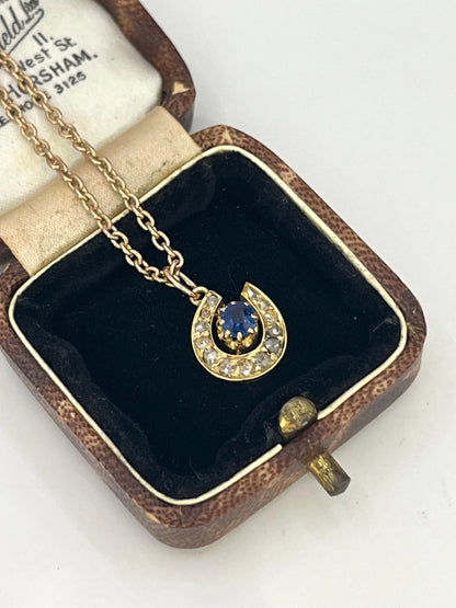 Antique 9 ct Gold Victorian, Sapphire And Diamond Horseshoe Pendant Necklace
