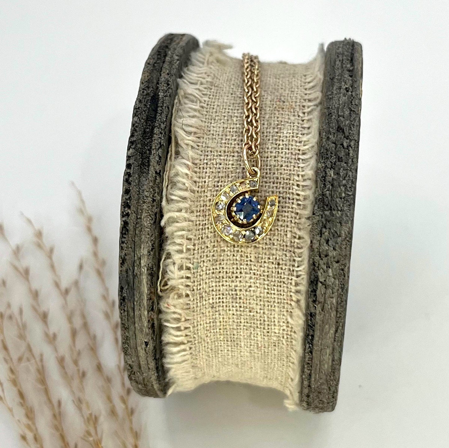 Antique 9 ct Gold Victorian, Sapphire And Diamond Horseshoe Pendant Necklace