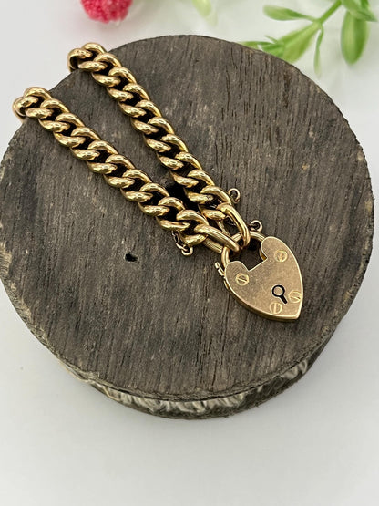 Victorian 15 Carat Rose Gold Curb Link Bracelet with Heart Padlock Clasp, Circa 1900
