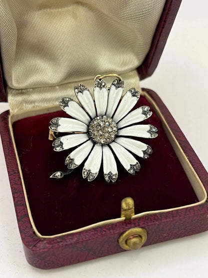 Victorian 18 Carat Gold, Silver, Enamel and Diamond Flower Brooch/Pendant