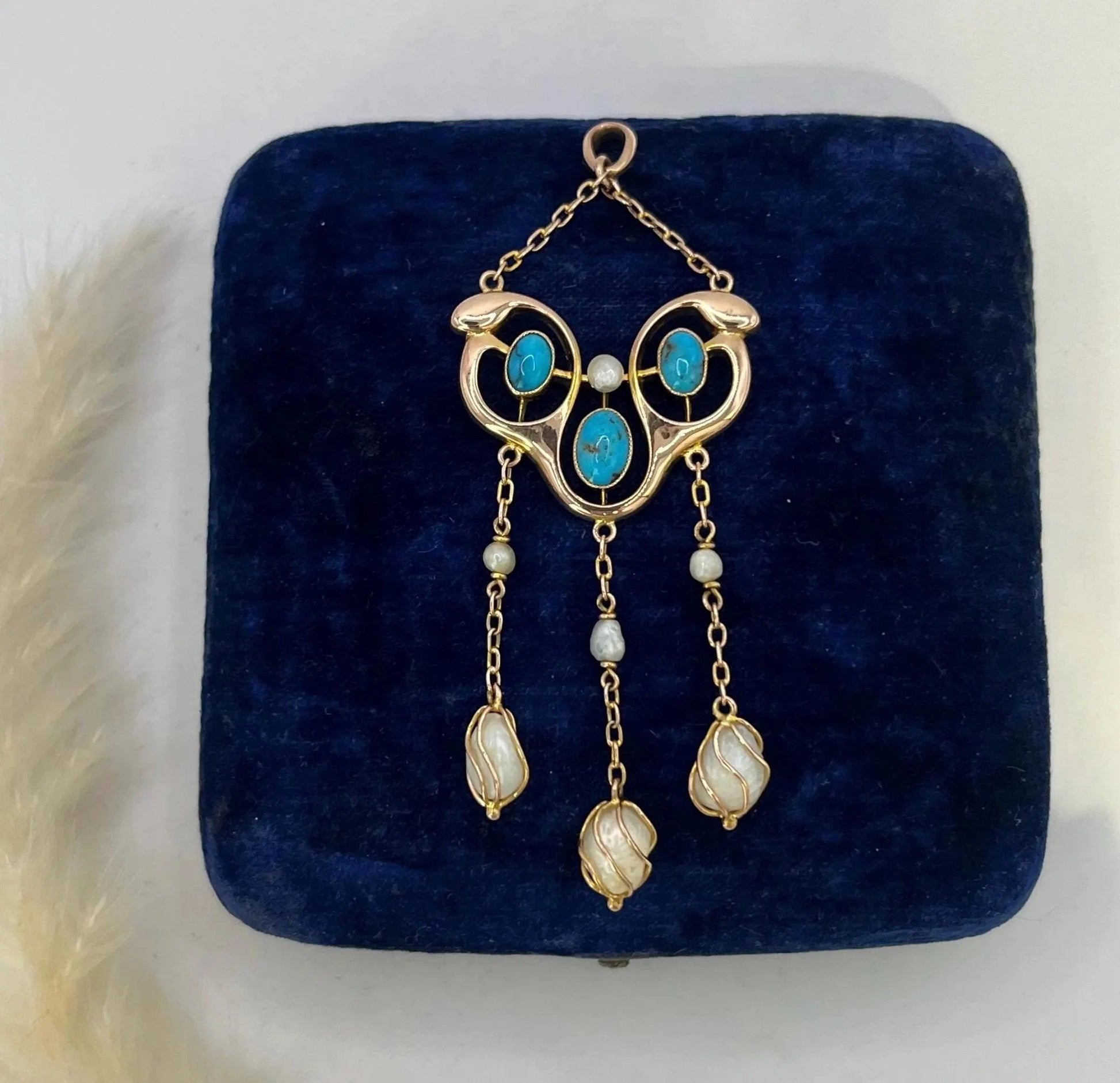 Antique 9 ct Gold, Pearl And Turquoise Drop Pendant, Circa 1920's