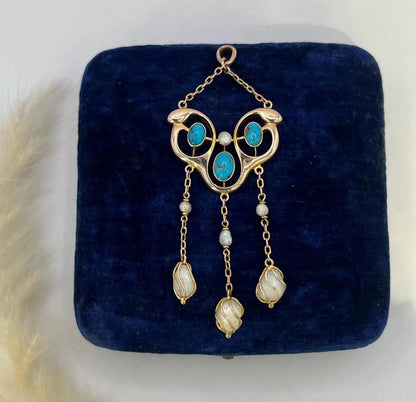 Antique 9 ct Gold, Pearl And Turquoise Drop Pendant, Circa 1920's