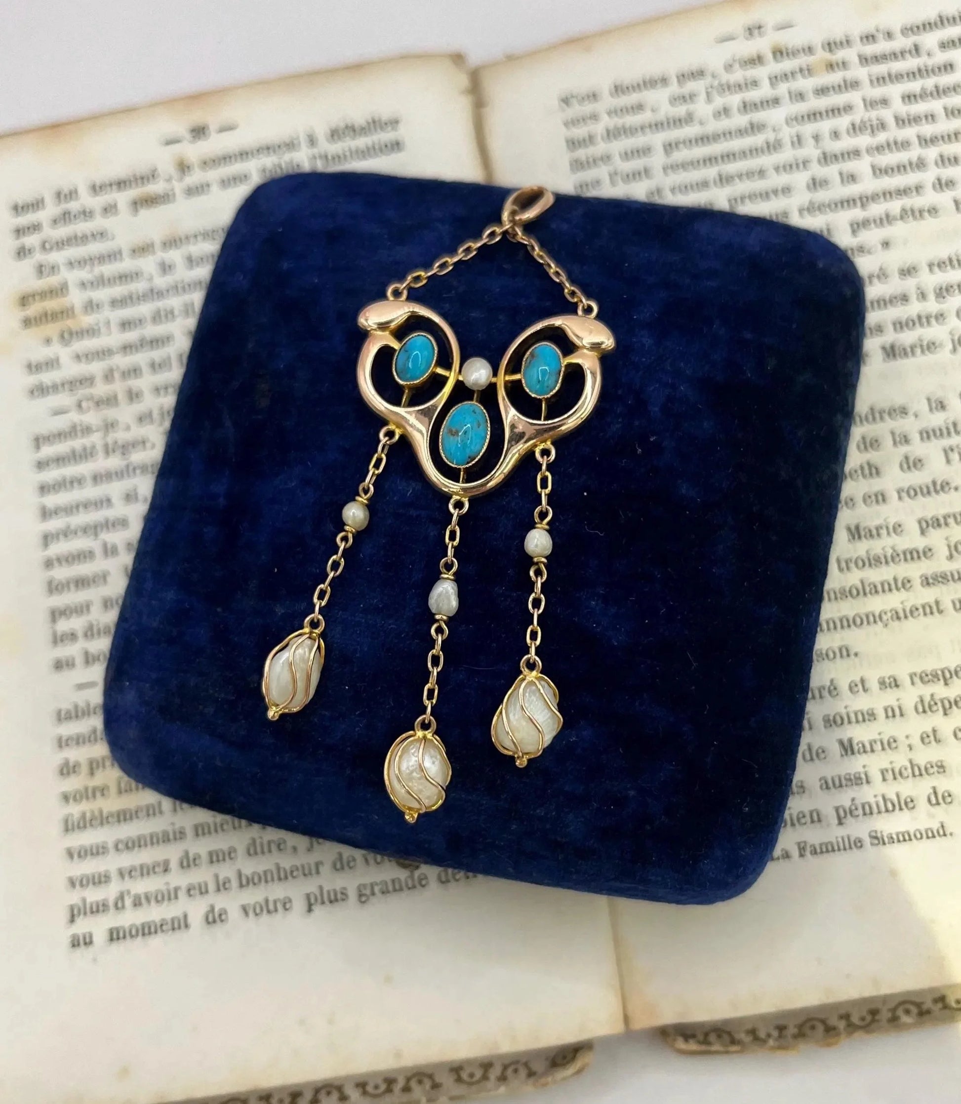 Antique 9 ct Gold, Pearl And Turquoise Drop Pendant, Circa 1920's