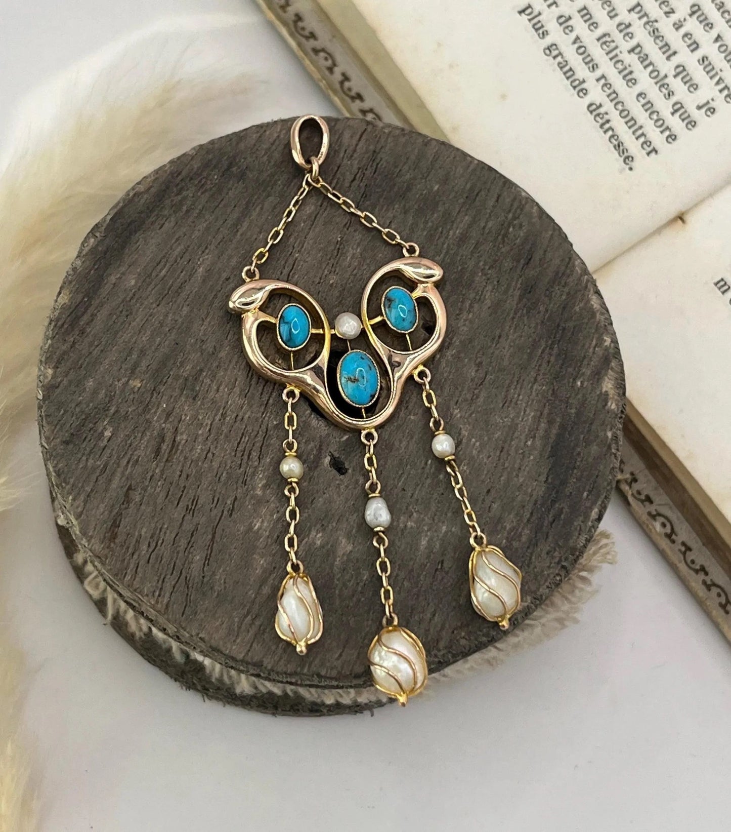 Antique 9 ct Gold, Pearl And Turquoise Drop Pendant, Circa 1920's