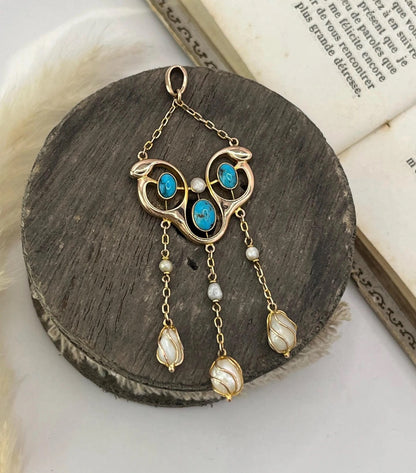 Antique 9 ct Gold, Pearl And Turquoise Drop Pendant, Circa 1920's