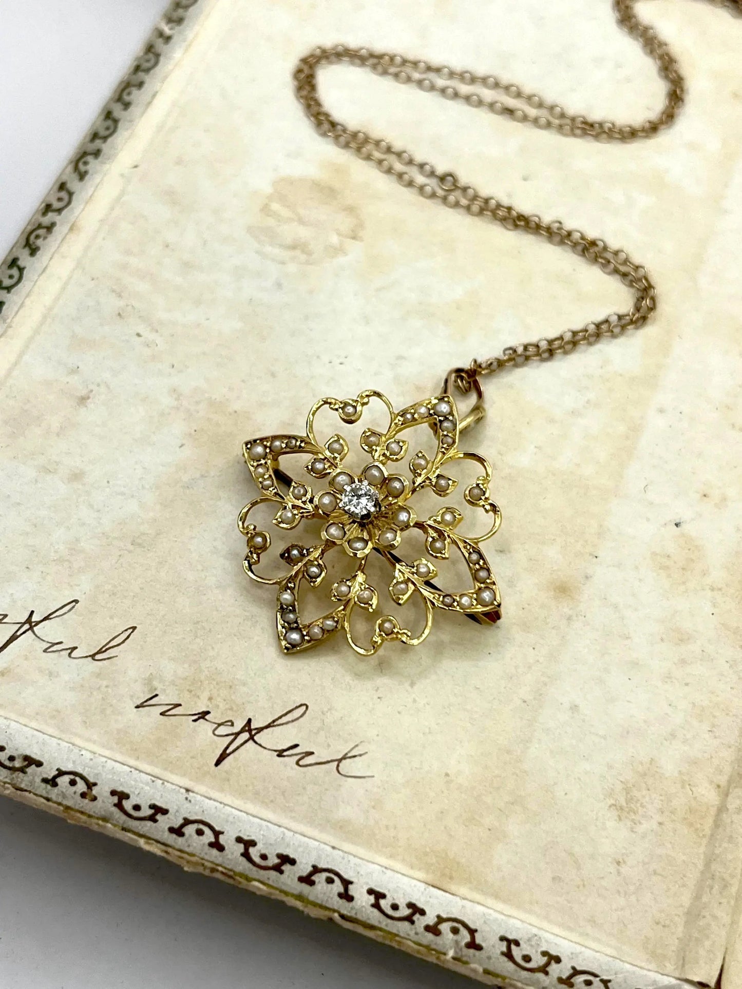 Edwardian 15 Carat Yellow Gold Diamond and Seed Pearl Pendant/Brooch, Circa 1910