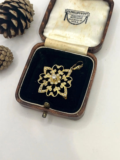 Edwardian 15 Carat Yellow Gold Diamond and Seed Pearl Pendant/Brooch, Circa 1910