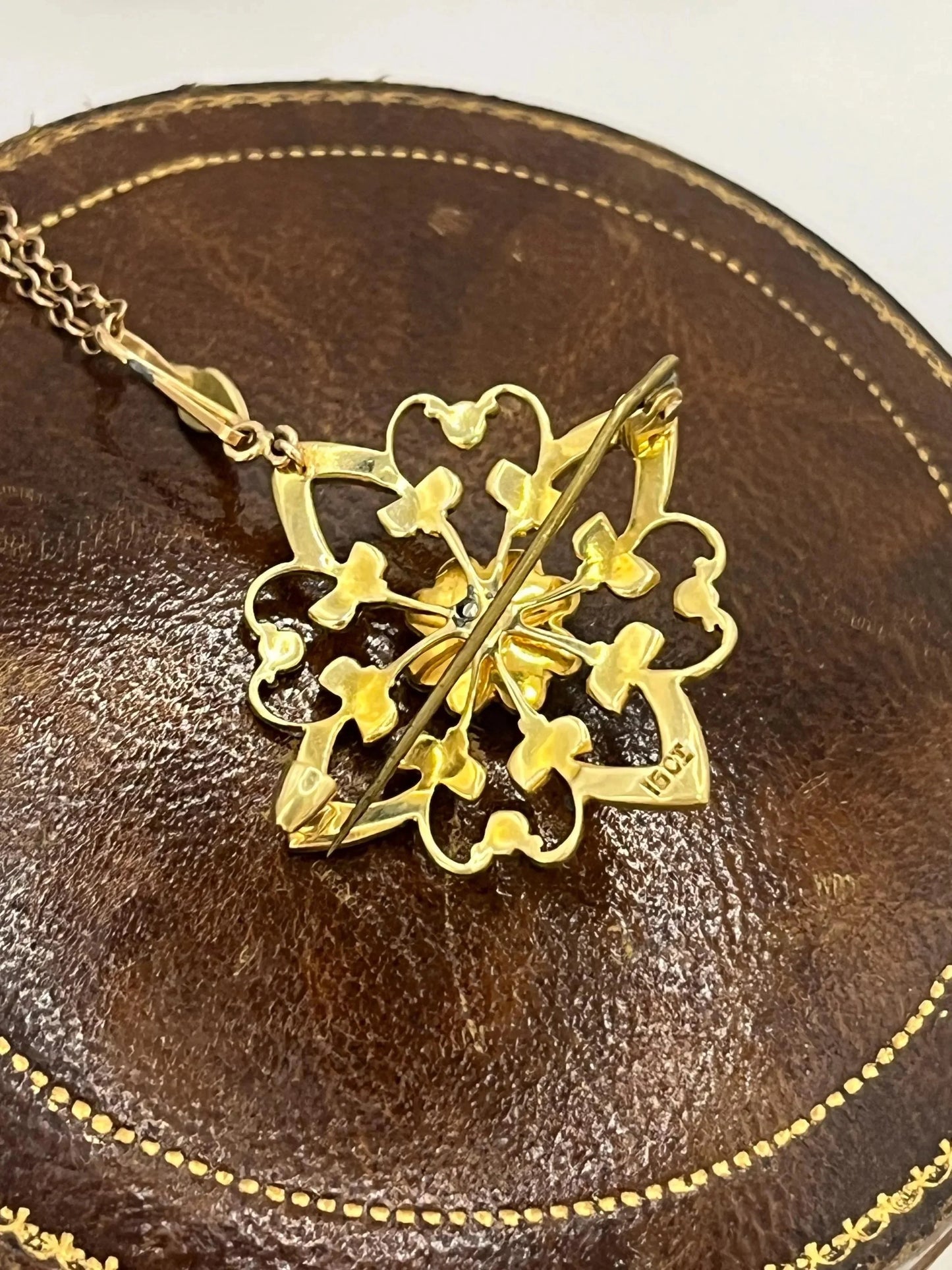Edwardian 15 Carat Yellow Gold Diamond and Seed Pearl Pendant/Brooch, Circa 1910