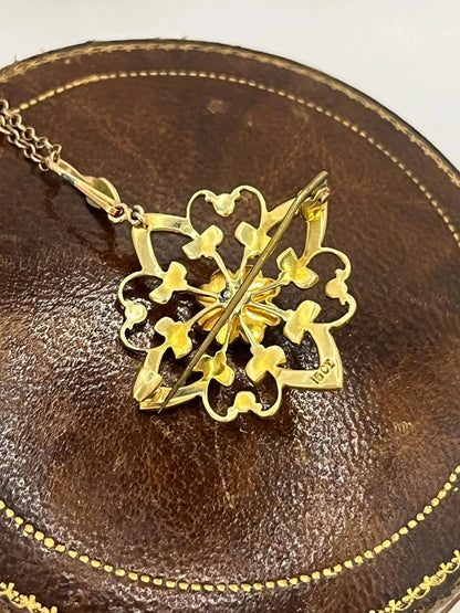 Edwardian 15 Carat Yellow Gold Diamond and Seed Pearl Pendant/Brooch, Circa 1910