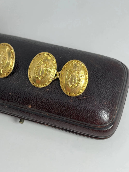 Antique 18 Carat Yellow Gold Edwardian Hand Engraved Cufflinks