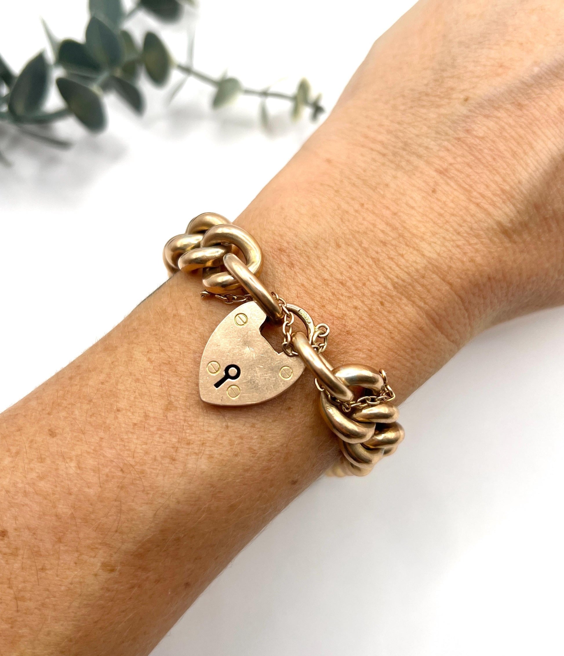 Antique 9ct Rose Gold Curb Bracelet: Edwardian Heart Padlock