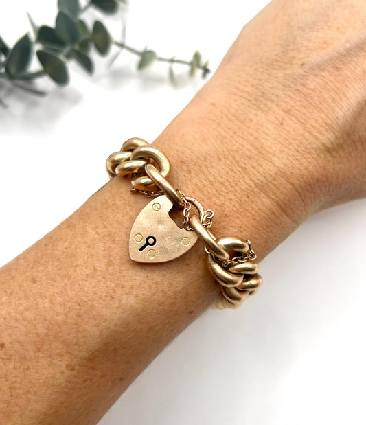Antique 9ct Rose Gold Curb Bracelet: Edwardian Heart Padlock