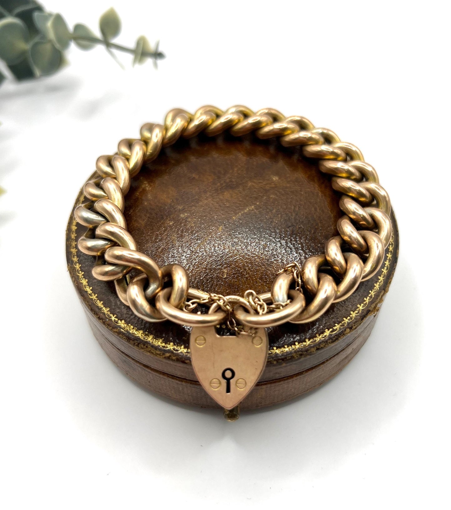 Antique 9ct Rose Gold Curb Bracelet: Edwardian Heart Padlock