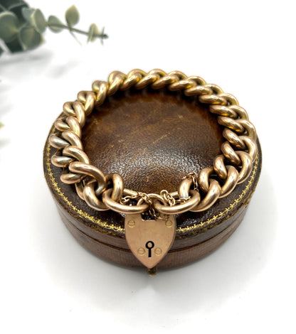 Antique 9ct Rose Gold Curb Bracelet: Edwardian Heart Padlock