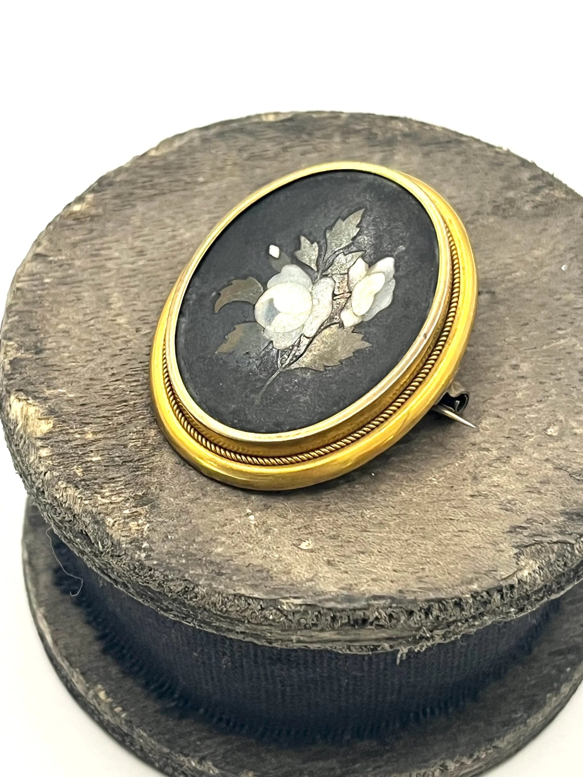 Victorian 15 Carat Gold Pietra Dura Floral Peony Mosaic Brooch, Circa 1880
