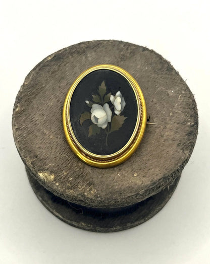 Victorian 15 Carat Gold Pietra Dura Floral Peony Mosaic Brooch, Circa 1880