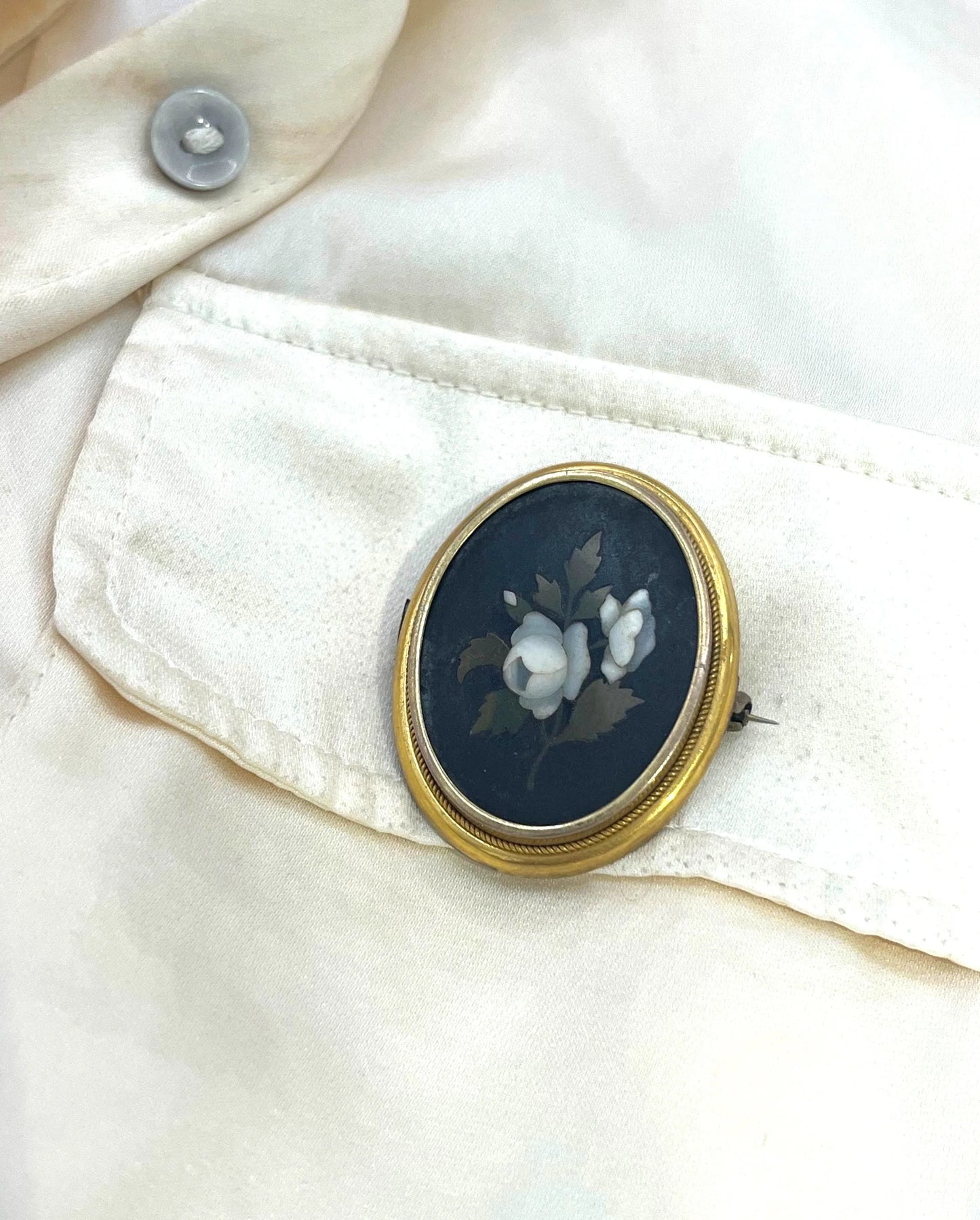 Victorian 15 Carat Gold Pietra Dura Floral Peony Mosaic Brooch, Circa 1880