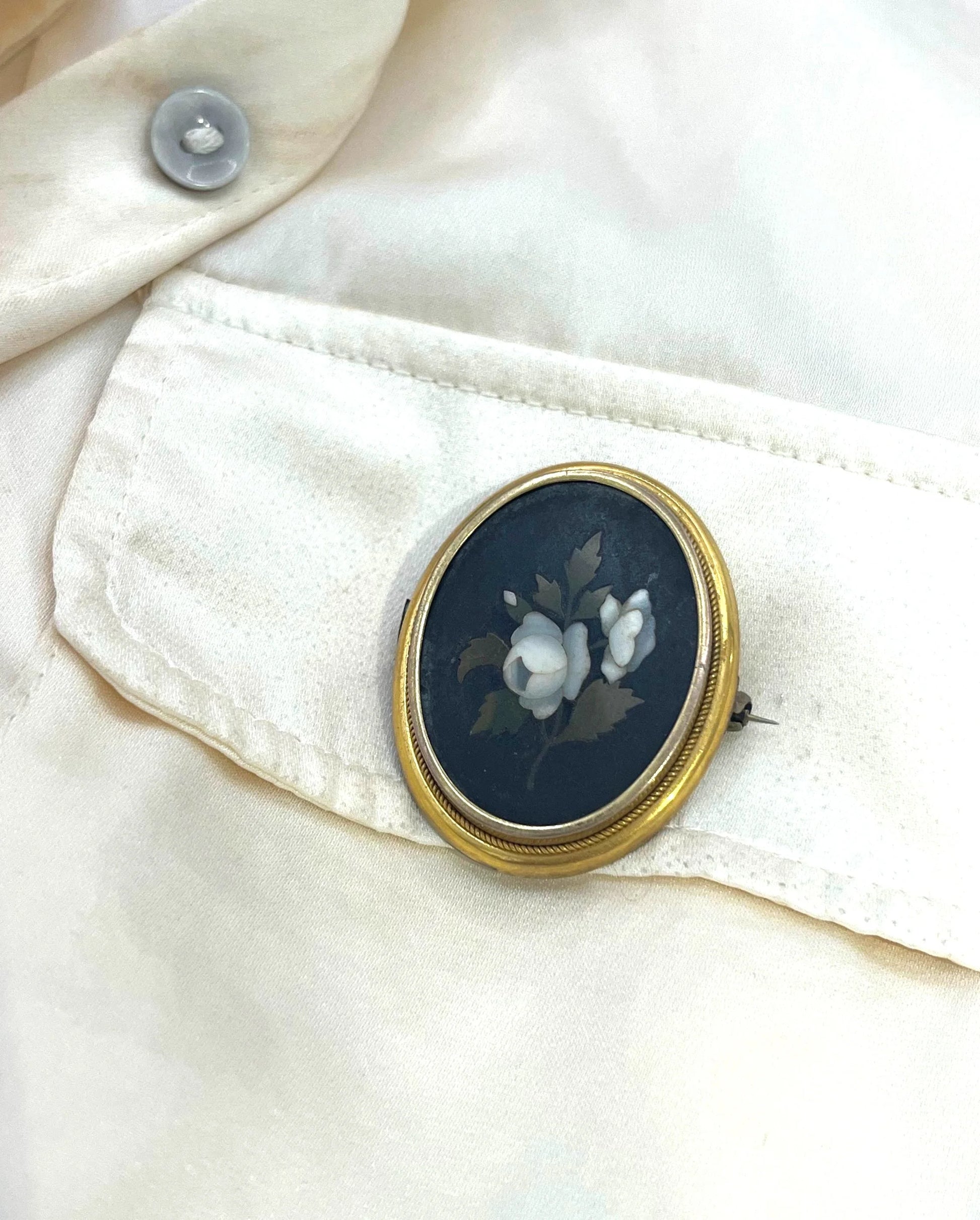 Victorian 15 Carat Gold Pietra Dura Floral Peony Mosaic Brooch, Circa 1880