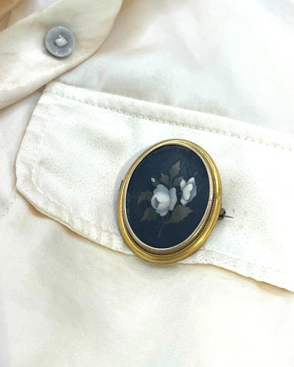 Victorian 15 Carat Gold Pietra Dura Floral Peony Mosaic Brooch, Circa 1880
