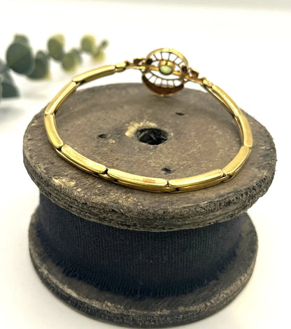 Antique 15 Carat Gold Peridot and Pearl Extendable Link Bracelet, Circa 1910
