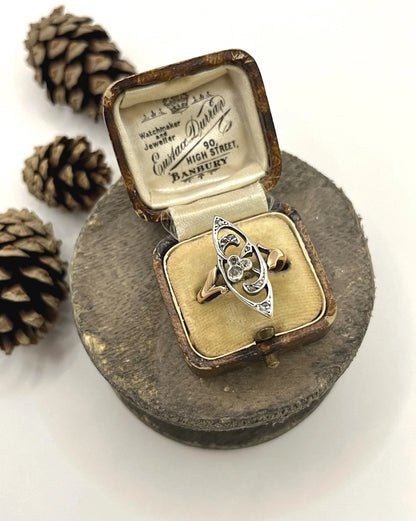 Antique 18 ct Rose Gold And Silver Diamond Set, Art Nouveau Ring
