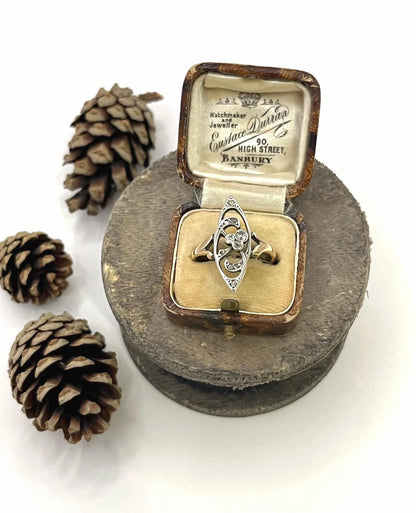 Antique 18 ct Rose Gold And Silver Diamond Set, Art Nouveau Ring