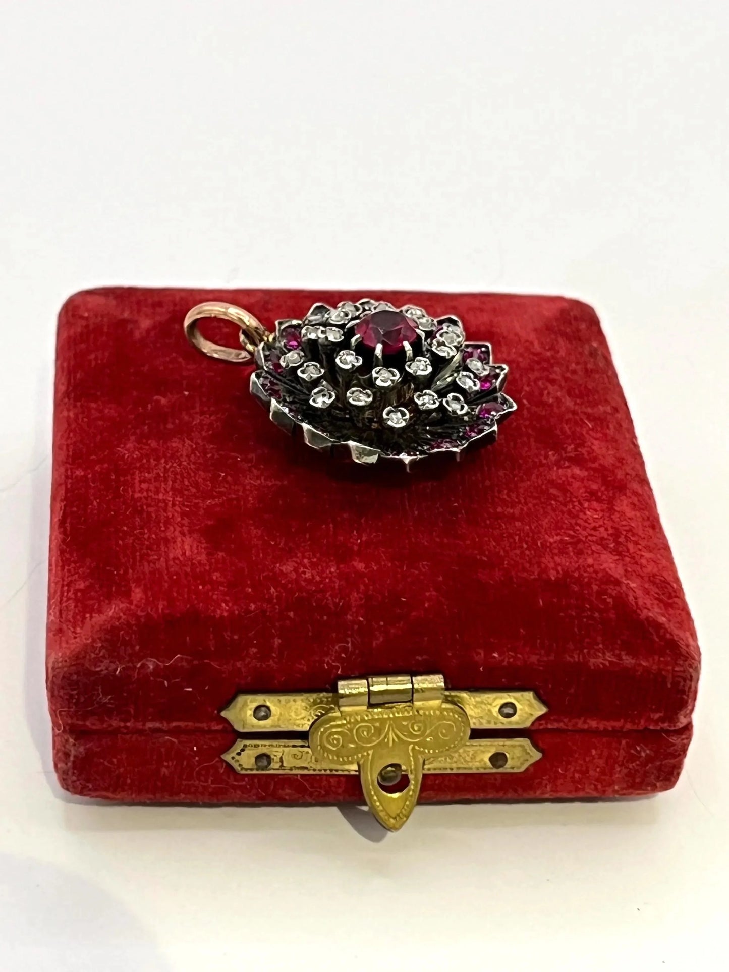 Victorian 15 Carat Gold, Silver, Synthetic Ruby and Diamond Cluster Pendant, Circa 1865