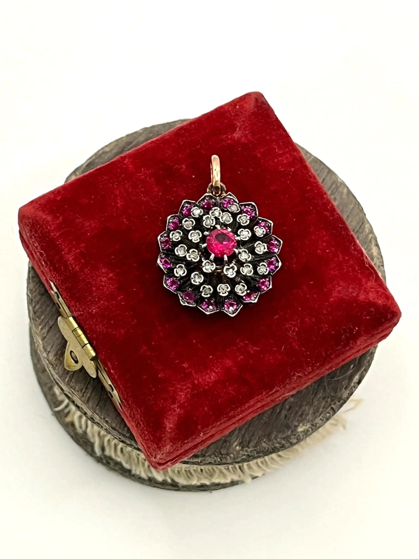 Victorian 15 Carat Gold, Silver, Synthetic Ruby and Diamond Cluster Pendant, Circa 1865