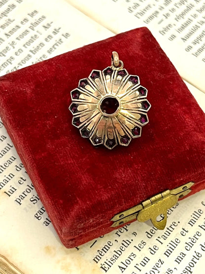 Victorian 15 Carat Gold, Silver, Synthetic Ruby and Diamond Cluster Pendant, Circa 1865