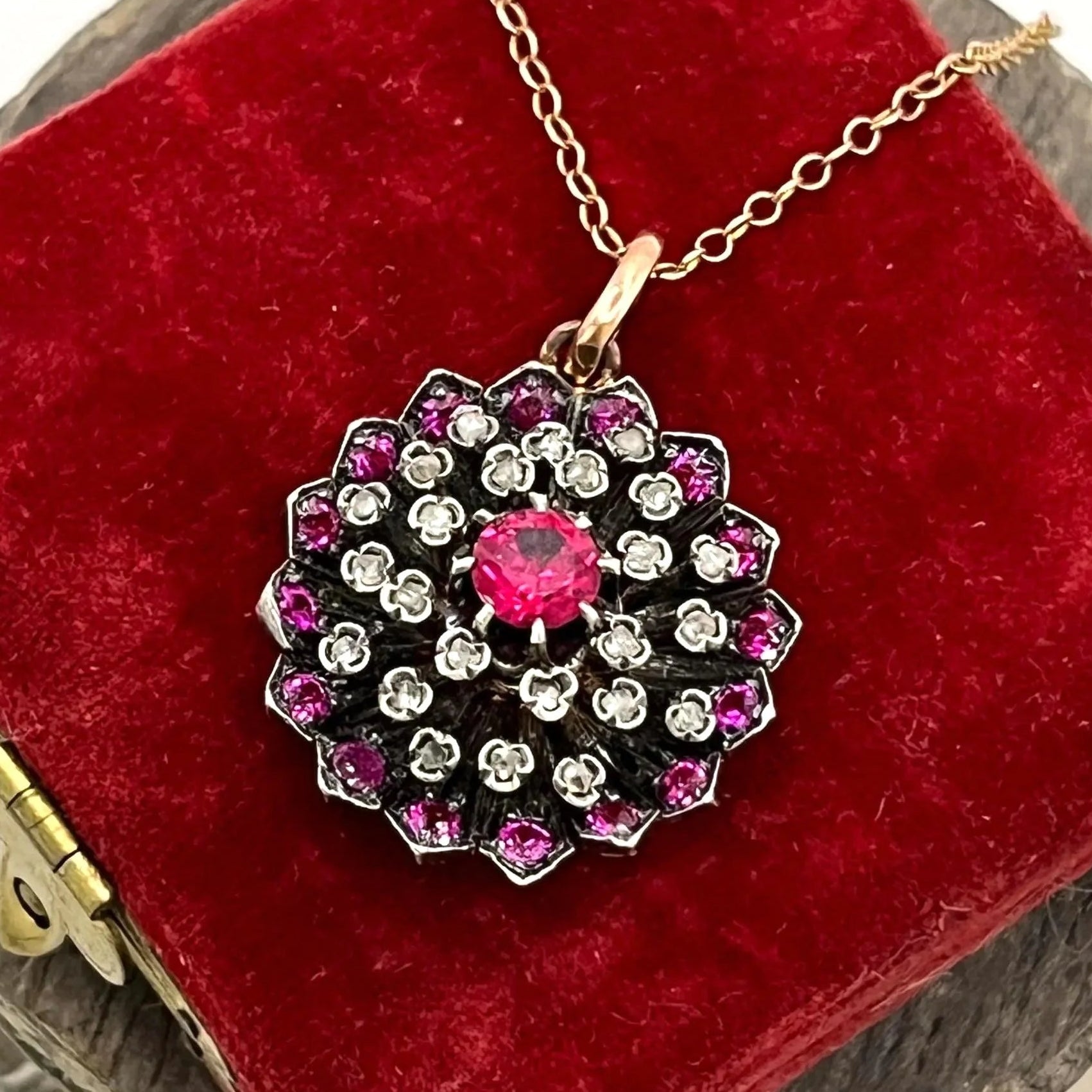 Victorian 15 Carat Gold, Silver, Synthetic Ruby and Diamond Cluster Pendant, Circa 1865