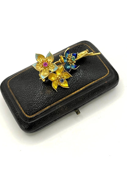 Vintage 18 Carat Gold Emerald, Sapphire, Ruby and Enamel Flower Brooch, Circa 1960