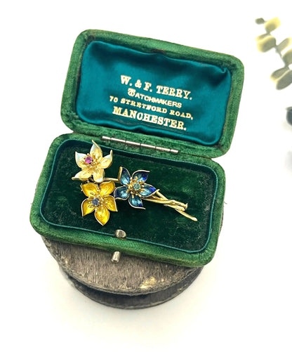 Vintage 18 Carat Gold Emerald, Sapphire, Ruby and Enamel Flower Brooch, Circa 1960