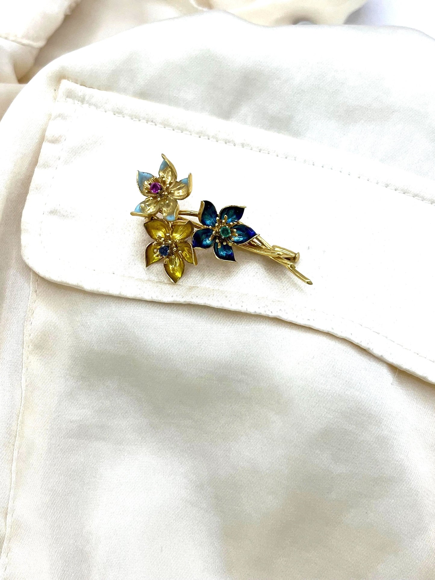Vintage 18 Carat Gold Emerald, Sapphire, Ruby and Enamel Flower Brooch, Circa 1960