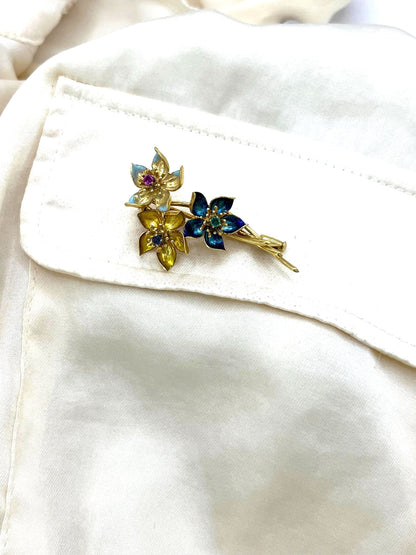 Vintage 18 Carat Gold Emerald, Sapphire, Ruby and Enamel Flower Brooch, Circa 1960