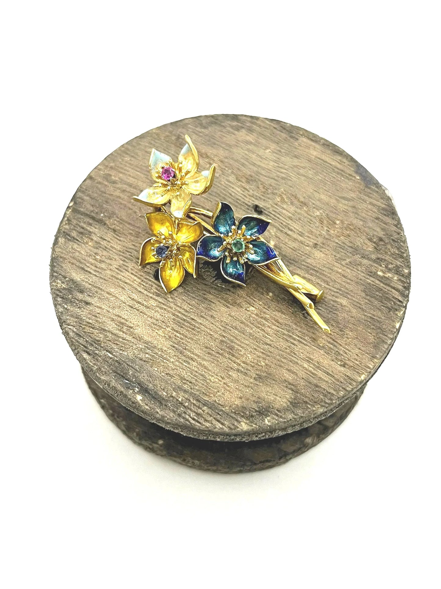 Vintage 18 Carat Gold Emerald, Sapphire, Ruby and Enamel Flower Brooch, Circa 1960