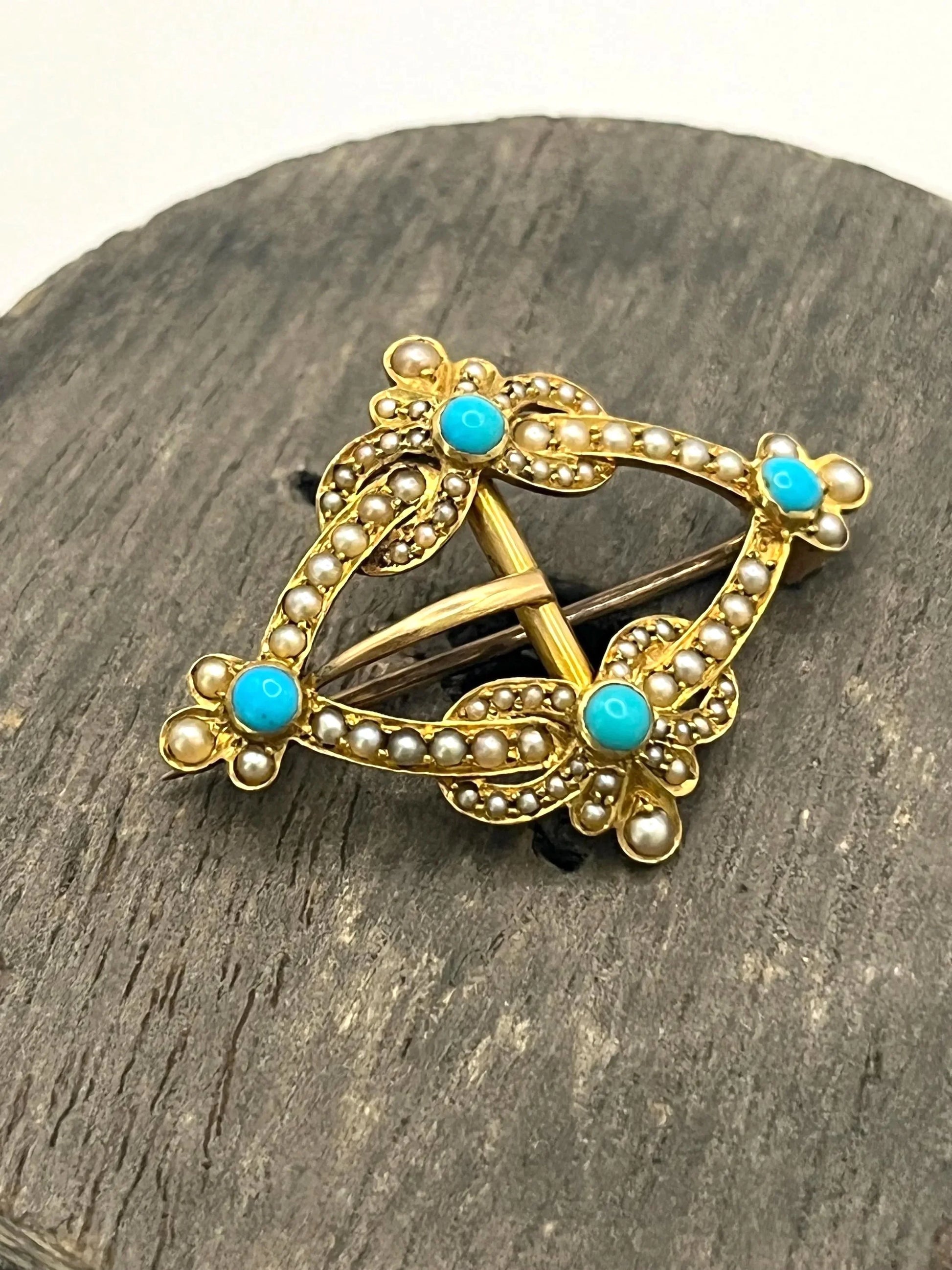 Edwardian 15 Carat Gold Turquoise and Pearl Buckle Brooch, Circa 1900