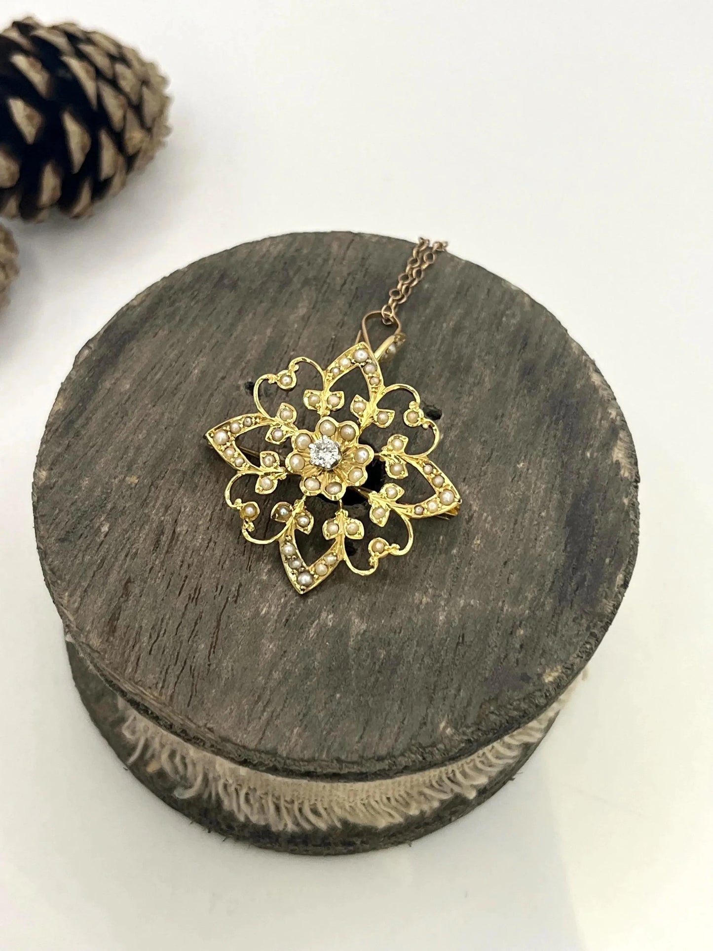 Edwardian 15 Carat Yellow Gold Diamond and Seed Pearl Pendant/Brooch, Circa 1910