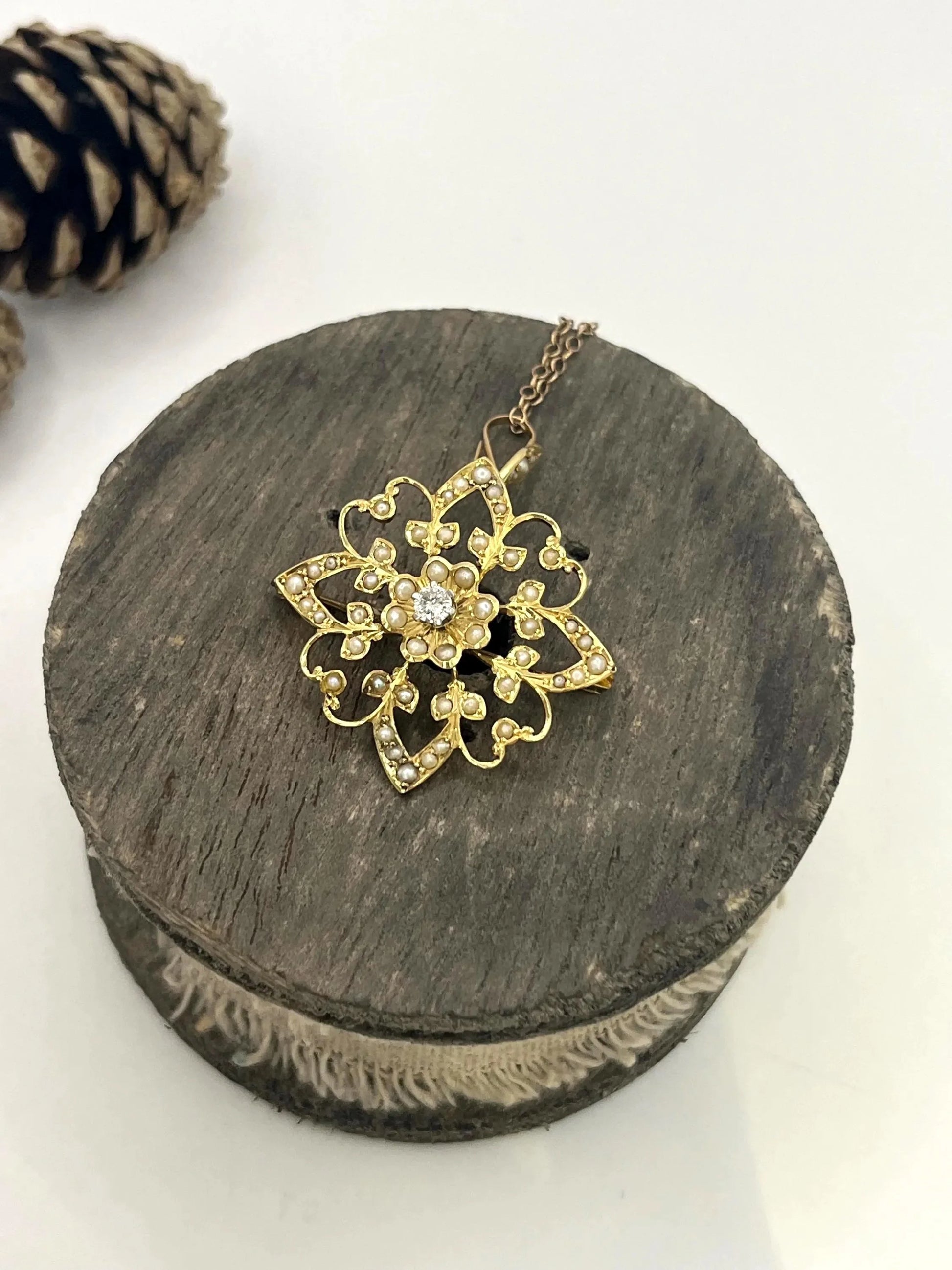Edwardian 15 Carat Yellow Gold Diamond and Seed Pearl Pendant/Brooch, Circa 1910