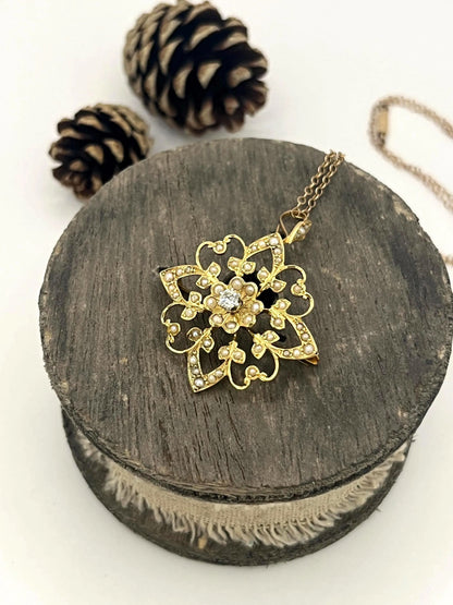 Edwardian 15 Carat Yellow Gold Diamond and Seed Pearl Pendant/Brooch, Circa 1910
