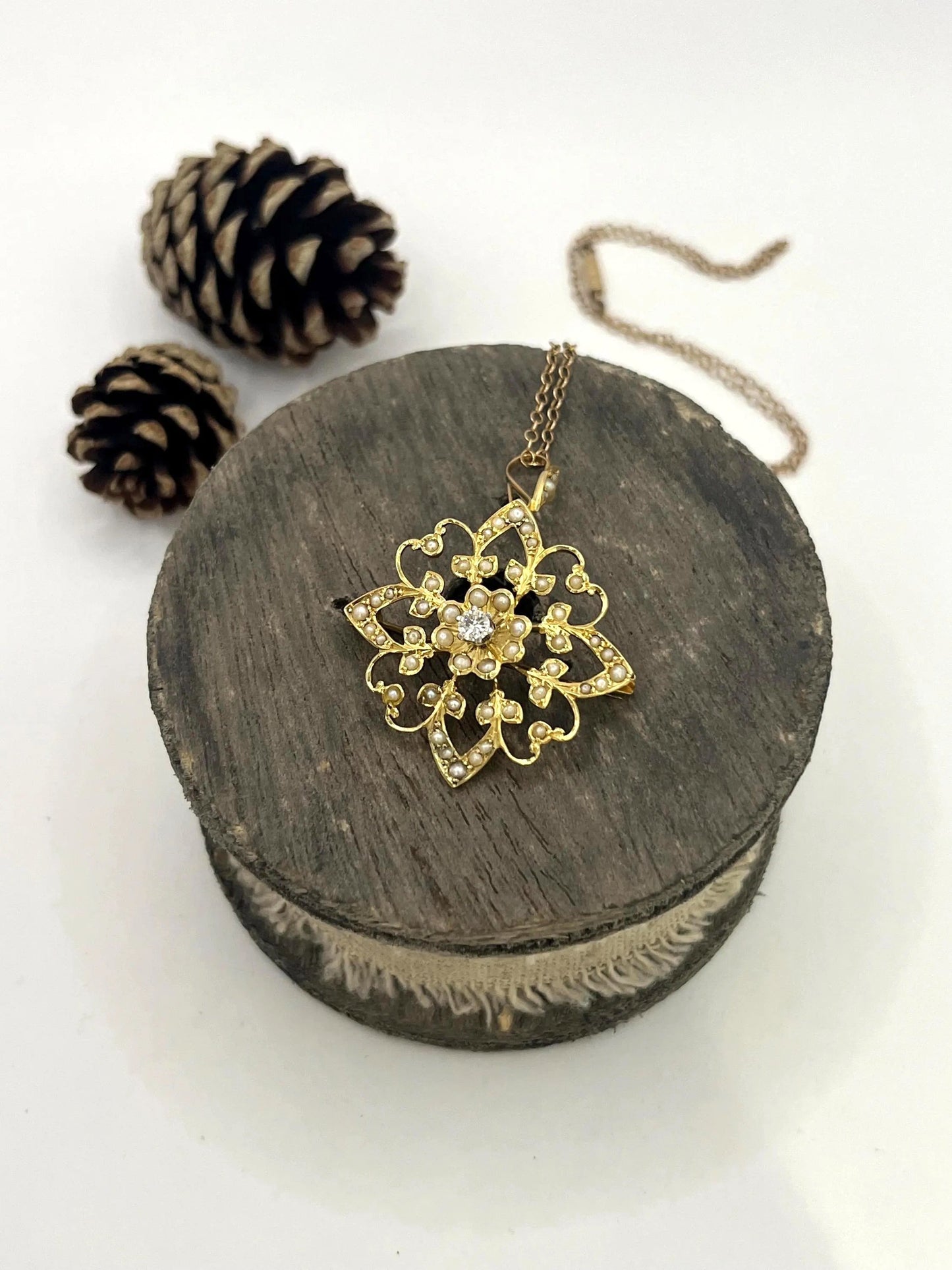 Edwardian 15 Carat Yellow Gold Diamond and Seed Pearl Pendant/Brooch, Circa 1910