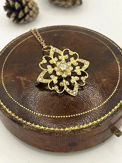 Edwardian 15 Carat Yellow Gold Diamond and Seed Pearl Pendant/Brooch, Circa 1910