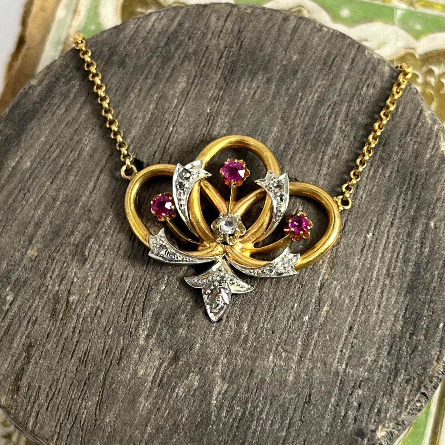 Antique Ruby Diamond and 18ct Gold Necklace , Circa 1900