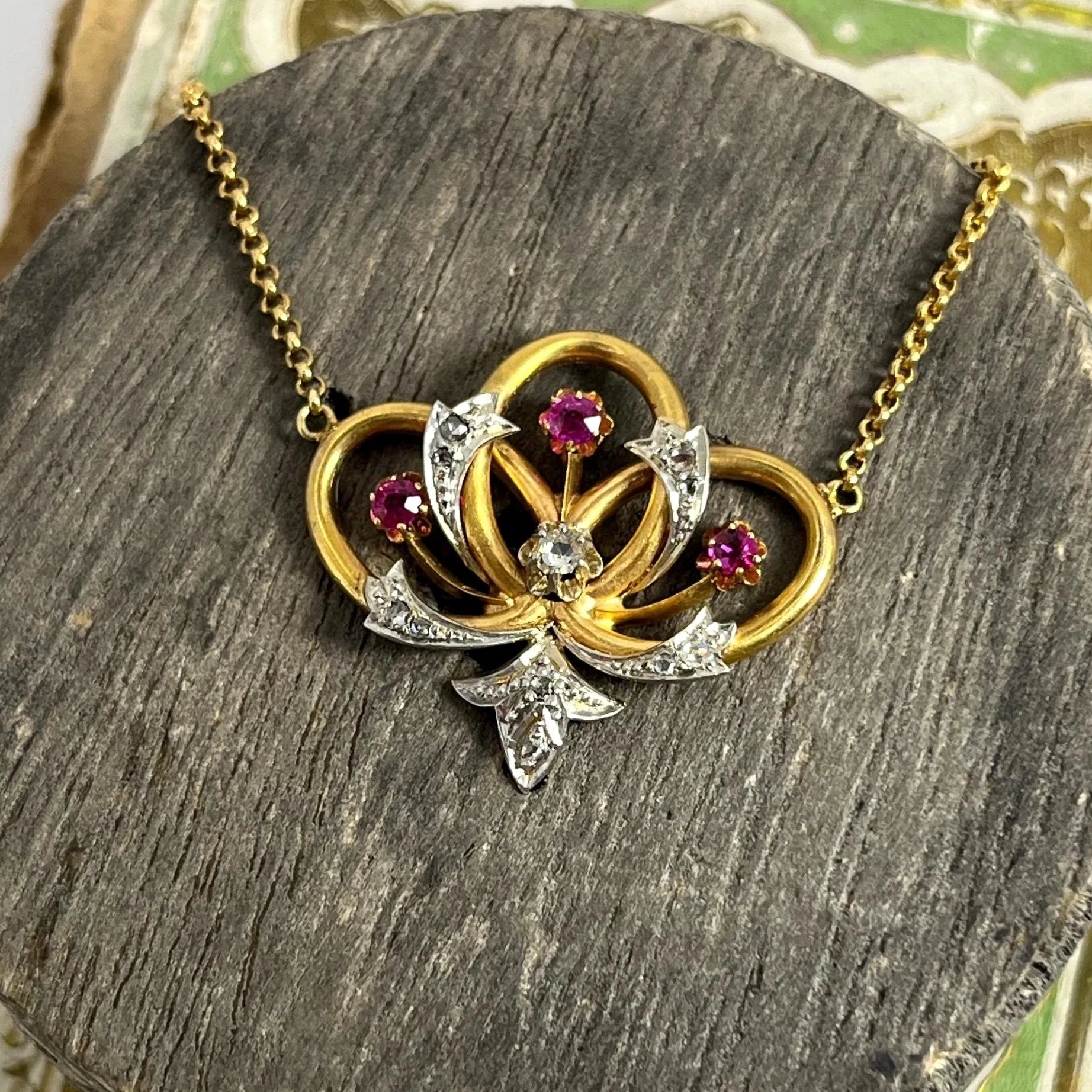 Antique Ruby Diamond and 18ct Gold Necklace , Circa 1900