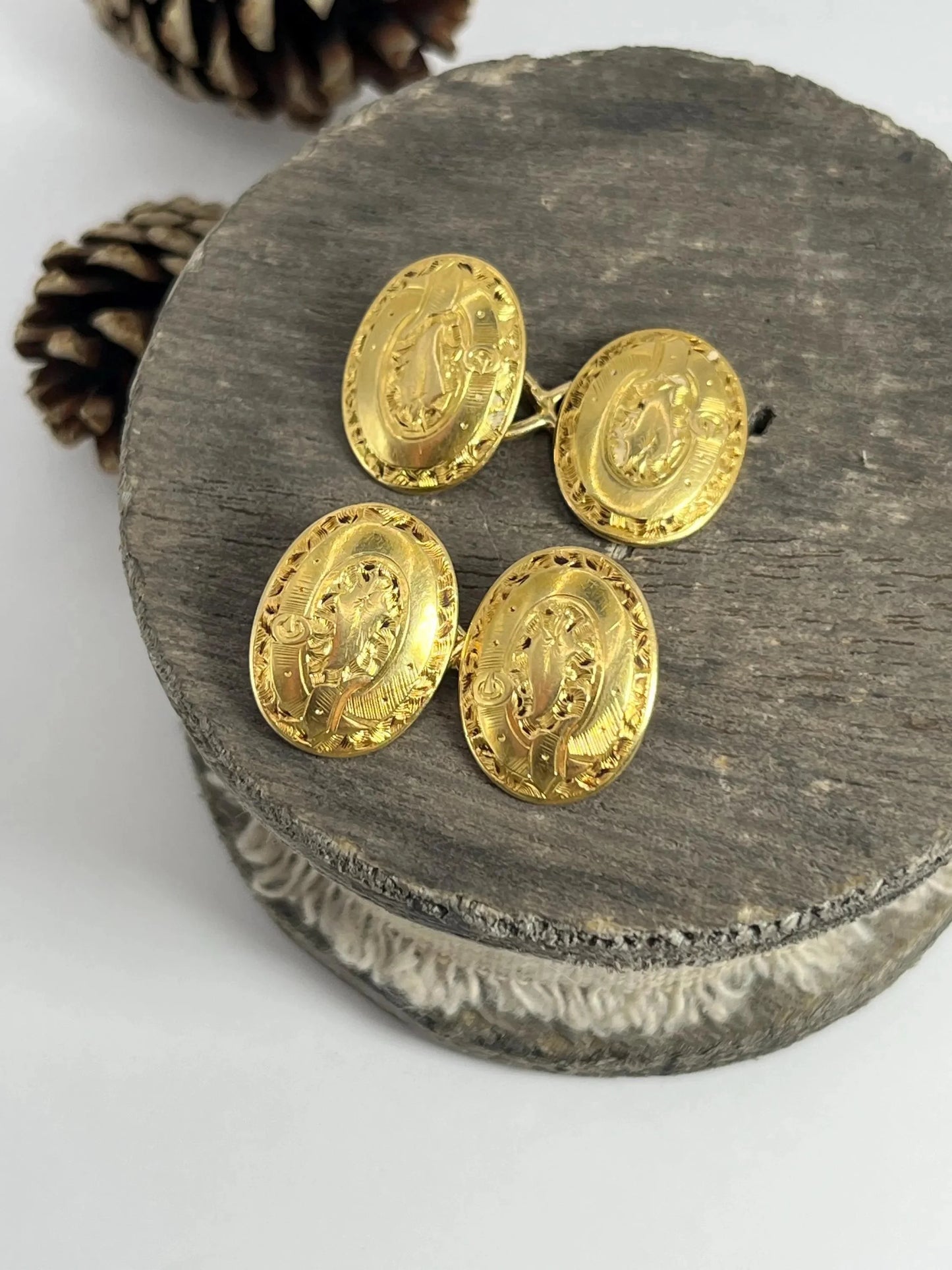 Antique 18 Carat Yellow Gold Edwardian Hand Engraved Cufflinks