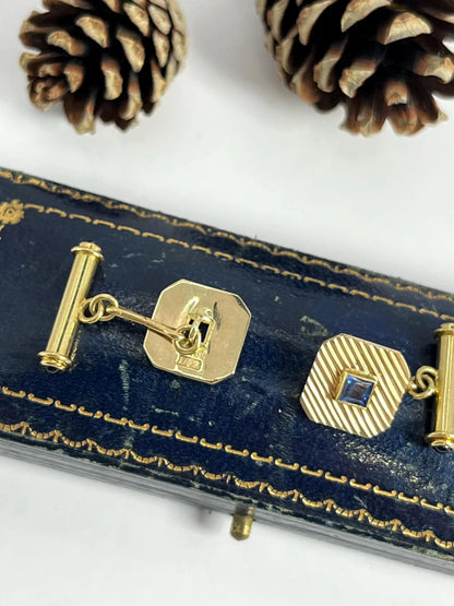 Art Deco 18 Carat Yellow Gold Sapphire Cufflinks, Circa 1920