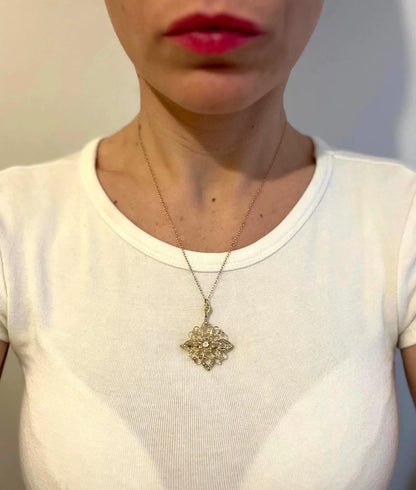 Edwardian 15 Carat Yellow Gold Diamond and Seed Pearl Pendant/Brooch, Circa 1910