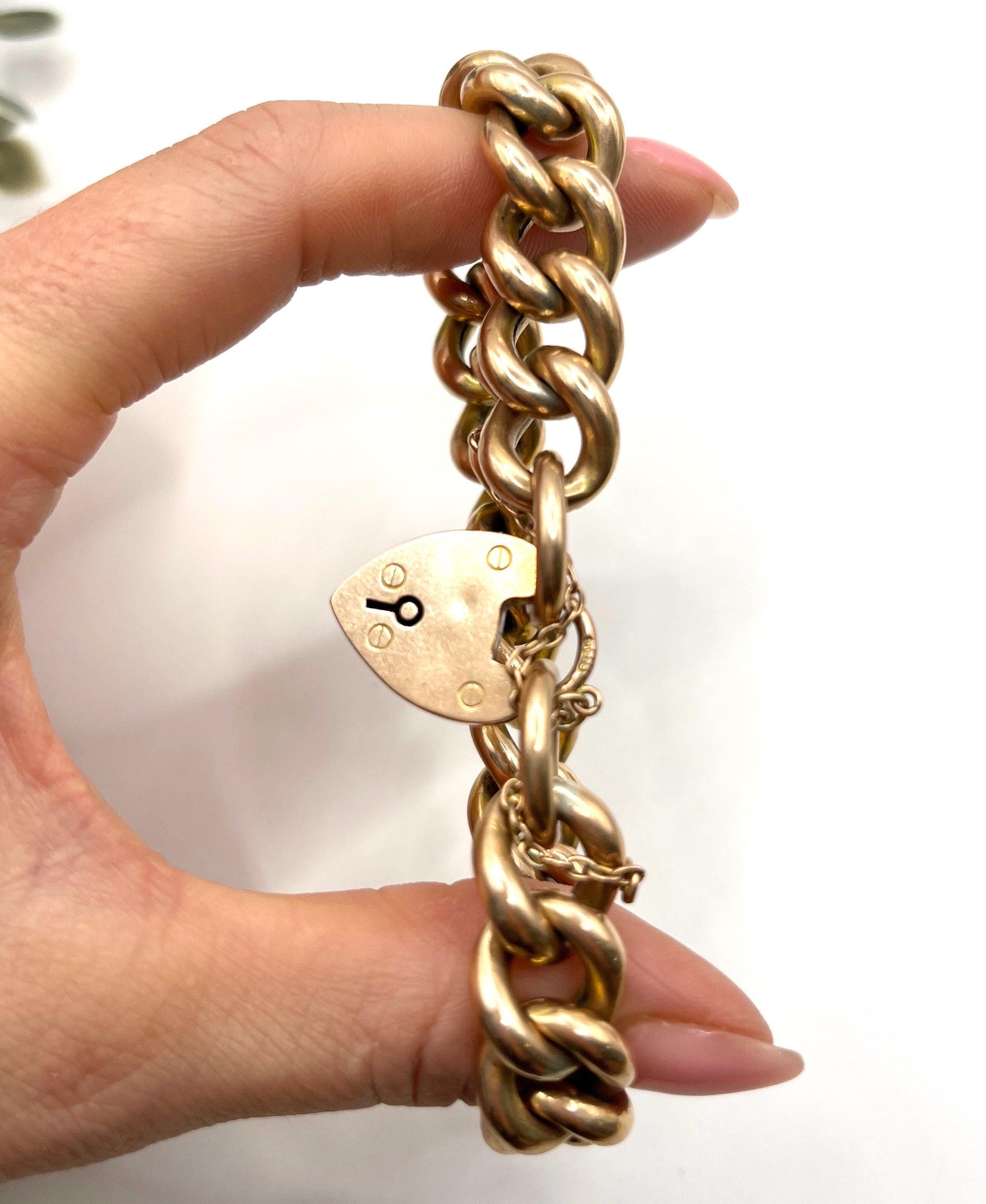 Antique 9ct Rose Gold Curb Bracelet: Edwardian Heart Padlock