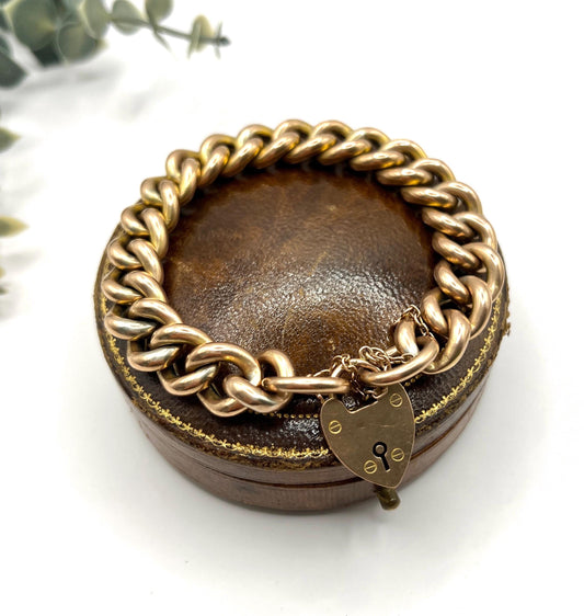 Antique 9ct Rose Gold Curb Bracelet: Edwardian Heart Padlock
