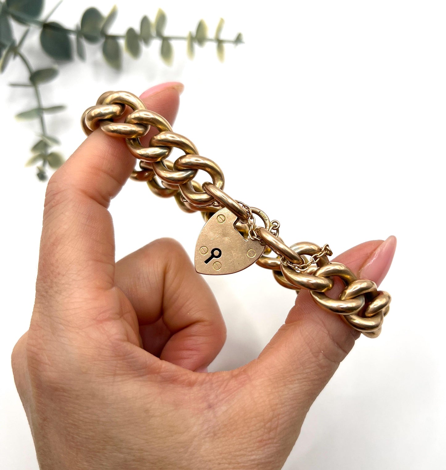 Antique 9ct Rose Gold Curb Bracelet: Edwardian Heart Padlock